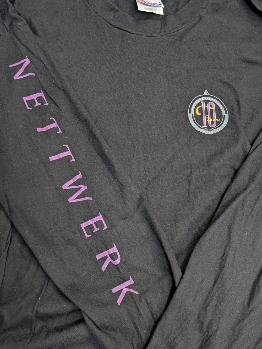 90s NETTWERK Records Black Long Sleeve Shirt with Purple Sleeve Print